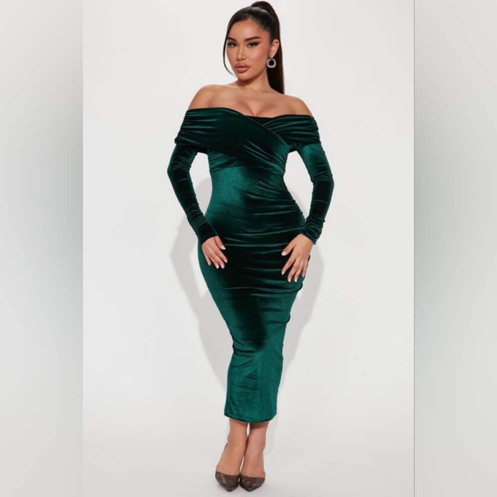 Fashion Nova Off-Shoulder Teal Velvet Dress